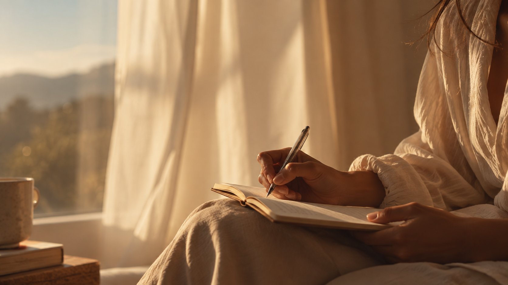 Pessoa escrevendo em um caderno perto da janela, em luz natural