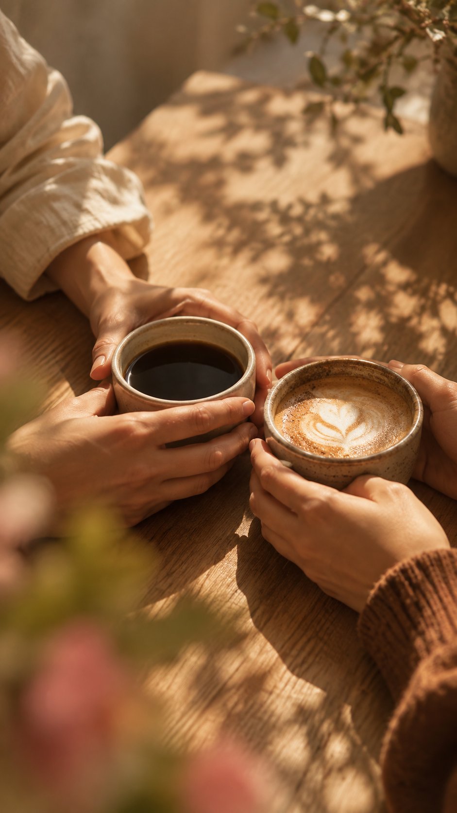 Duas pessoas segurando xícaras de café sobre a mesa, em luz natural